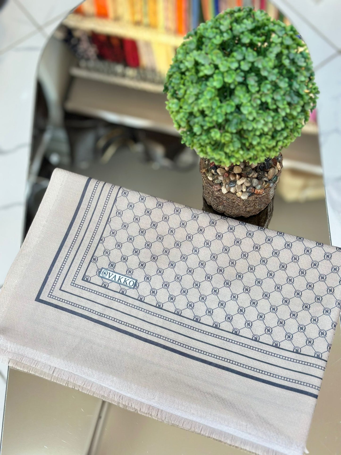 Krem Ww monogram pamuk ipek şal
