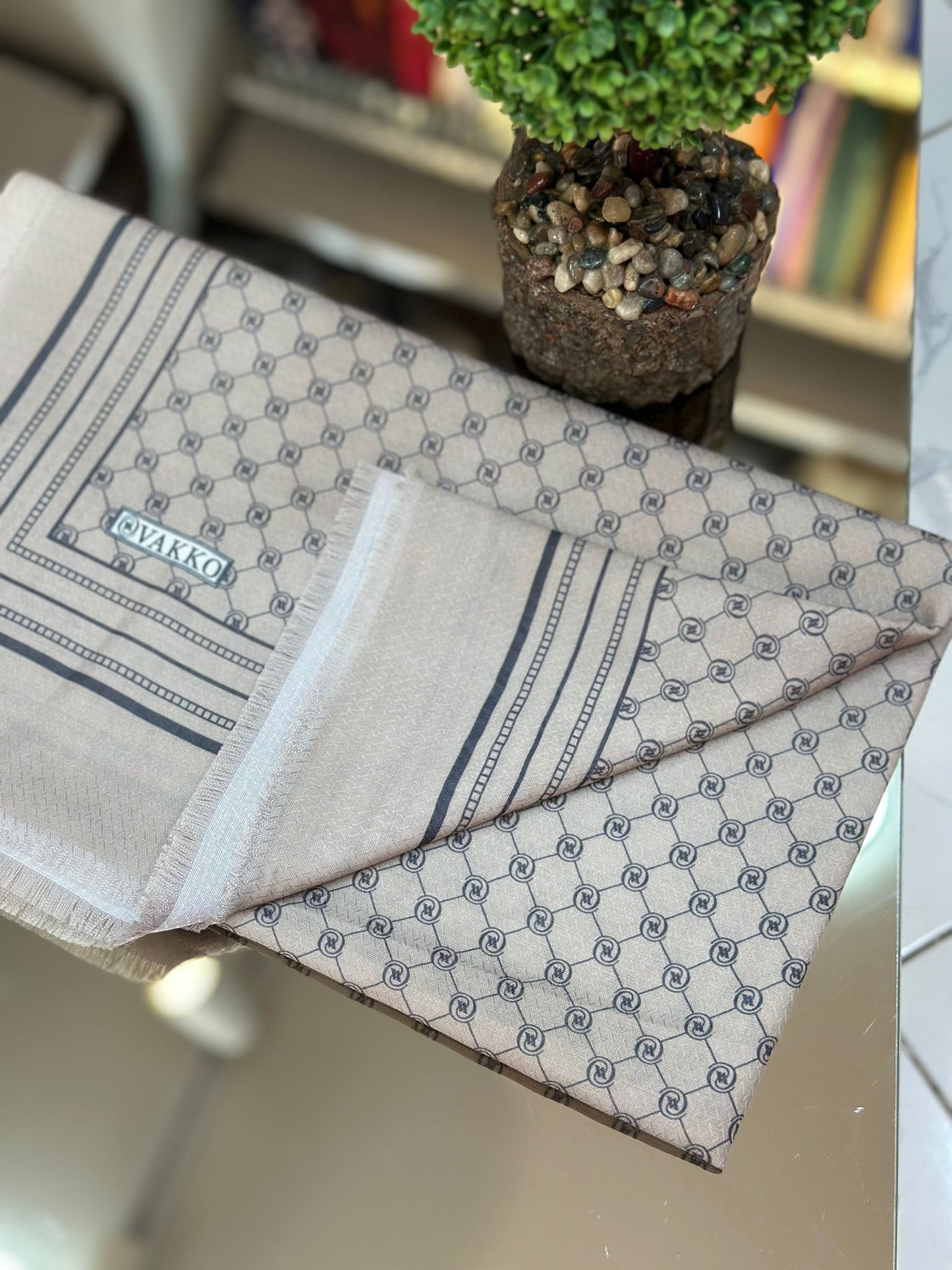 Krem Ww monogram pamuk ipek şal